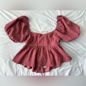 NWT Francesca’s corduroy mauve pink puff sleeve tie cutout back babydoll top M